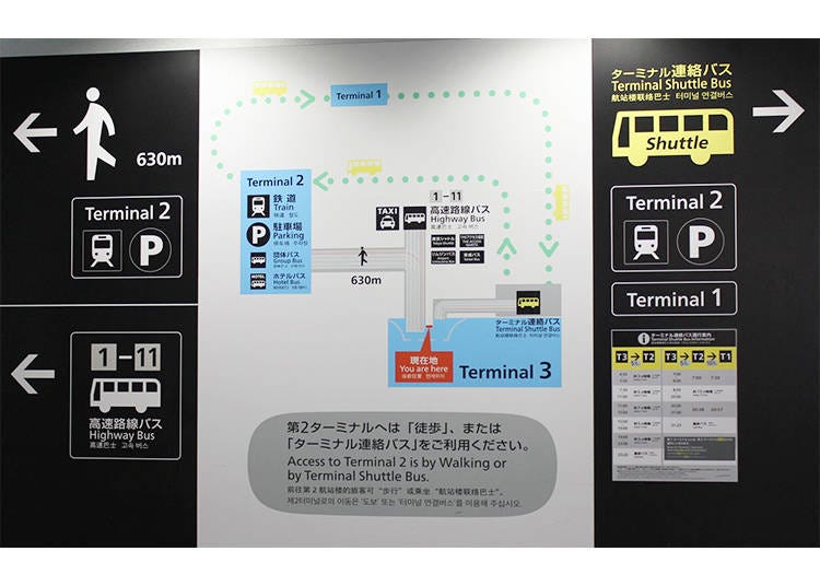 A route map in Terminal 3. If you want to take the train, you need to go to Terminal 1 or 2 by bus first.
