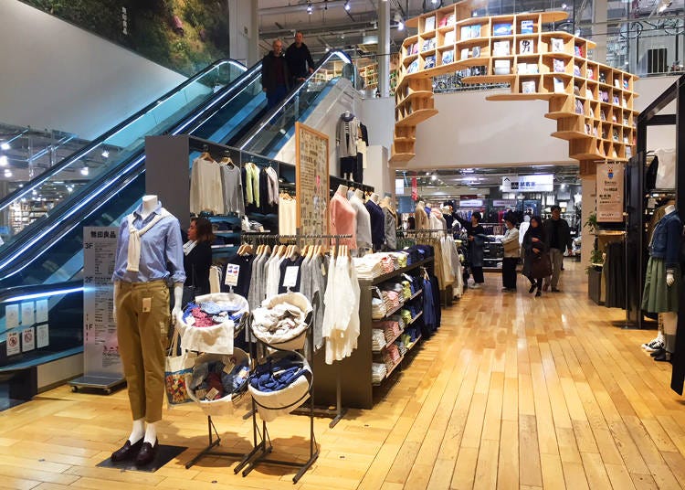 2F-Foods, Clothing, Stationery, Skin Care & Cosmetics, Bookstore, Kids’ Space, MUJI Café, and Tax-Free Counter