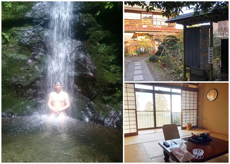 1) The waterfall experience 2) The wooden building with a garden in front 3) The Japanese-style room and its beautiful view