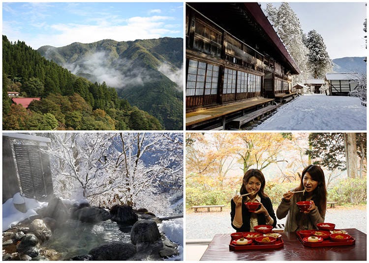 1) At 800m height, in the middle of the mountains 2) The snowky main hall 3) The outdoor bath 4) The traditional Buddhist cuisine