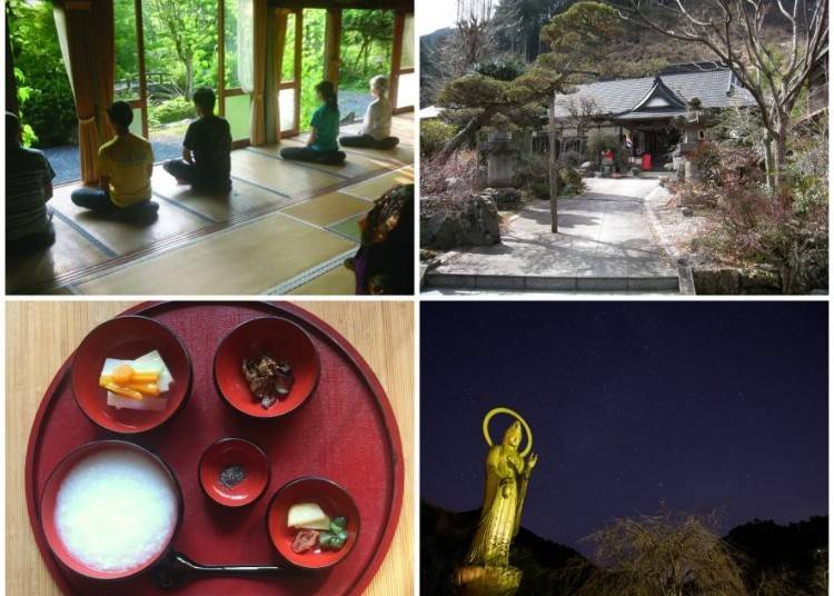 1) The meditation experience 2) The main hall and its premises 3) The breakfast 4) The Kannon Statue