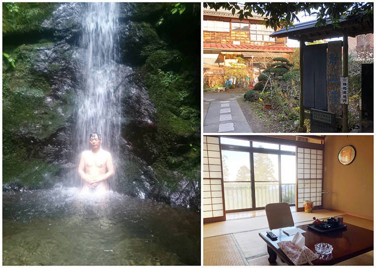 1）瀑布體驗 2）前方帶有庭園的木造建築 3）和室及其優美景致
