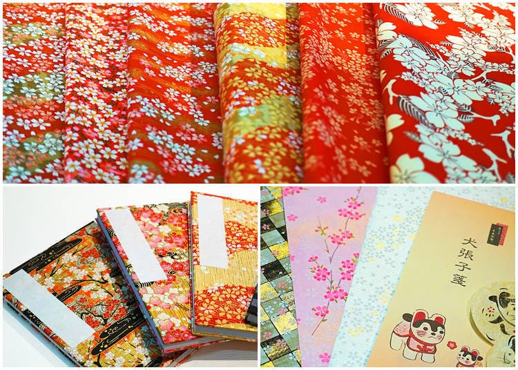 Top: Washi Paper (from 735 yen), Down-left: Goshuin-cho (2,376 yen), Down-right cut washi (from 108 yen), Original letter (432 yen), Scented insert for letters (1080 yen)