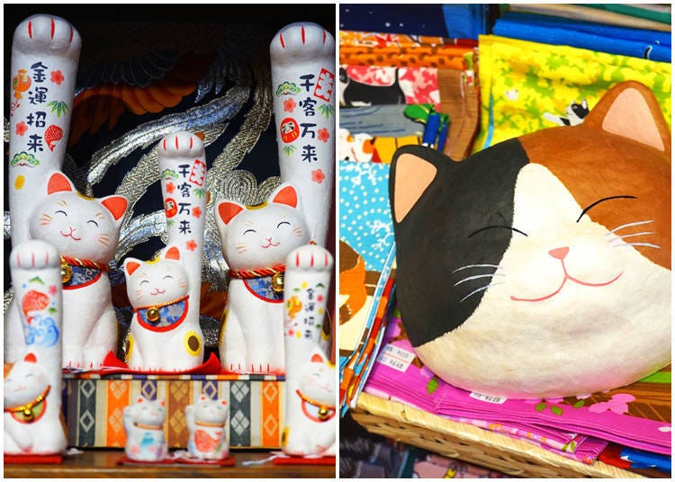 Left: Written on the arms of these maneki neko are specific wishes - an increase in customers, more profits, and more (from 500 yen). Right: Some of the cat related goods on display: cat mask (2,200 yen).