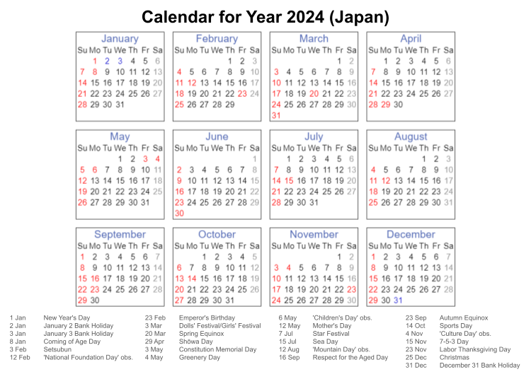 List of Annual Events and Japan National Holidays