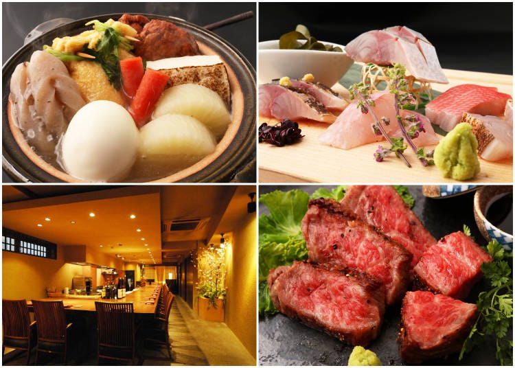 Top left: Edomae-style oden for 300 yen / Bottom left: the restaurant’s interior / Top right: Edomae-style fresh fish sashimi / Bottom right: Halal Miyazaki Black Wagyu Steak for 1,500 yen, Halal Hida Wagyu Steak for 2,500 yen, Halal Kobe Steak for 5,000 yen