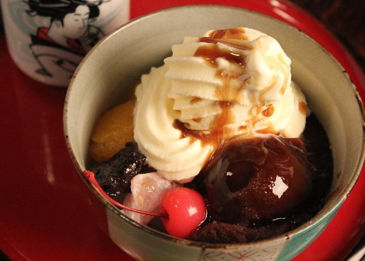 Homemade bean past and soft serve are united to a heavenly harmony in the “Cream Anmitsu” dessert for 900 yen.