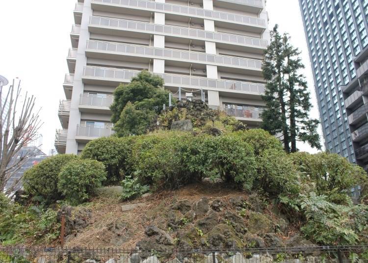 The miniature Mount Fuji is surrounded by high-rise buildings. Many people say a prayer before climbing it.