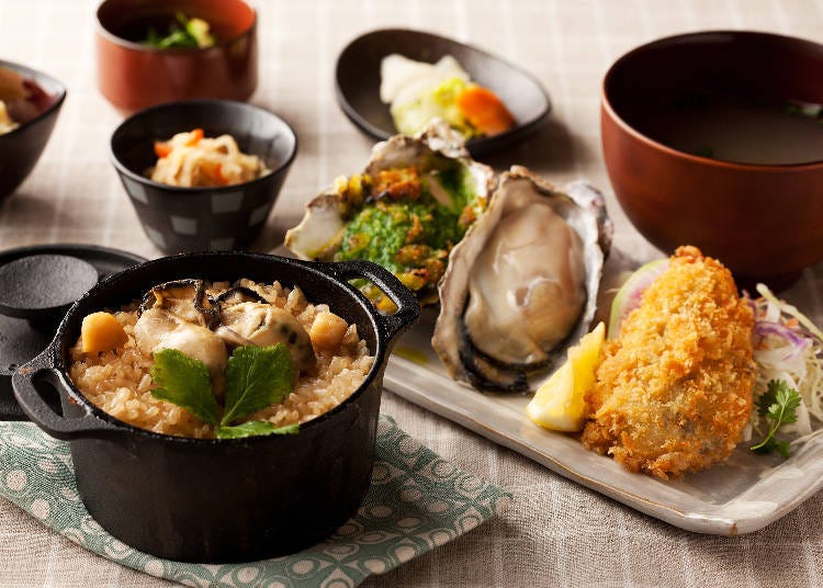 Lunch menu offering all sorts of oysters. The iron pot oyster set lunch 1,620 yen (216 yen price increase on holidays)