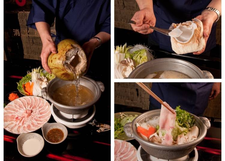 左：在湯頭裡加上自家製椰子水，湯底就完成了 右上：椰子果肉用湯匙就能輕鬆取下，吃起來軟軟QQ的 右下：來吃珍貴的黑寶豬涮涮鍋囉！