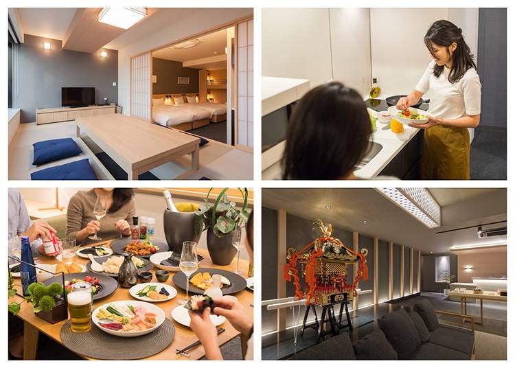 Top left: The premium room that blends both modern and traditional Japanese aesthetics / Top right: The mini-kitchen is equipped with cooking utensils, tableware, a stove, and more / Bottom left: Deliveries to your room are also possible. The photo shows “temaki-zushi” wraps / Bottom right: The lobby and its “mikoshi,” a portable shrine used in Japanese festivals