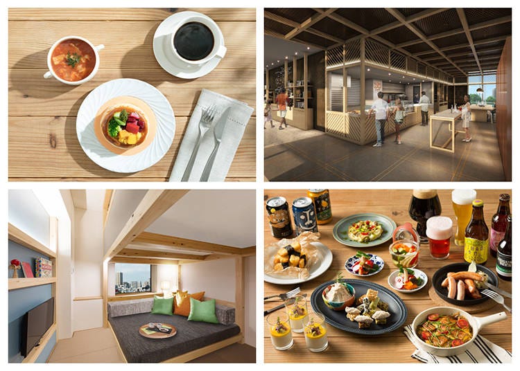Top left: A rich breakfast menu awaits, including various choices such as stew and salad / Top right: The café space, open at any time. Snacks as well as drop coffee are available / Bottom left: The rooms are almost too cozy to leave / Bottom right: The café’s menu varies by time of day