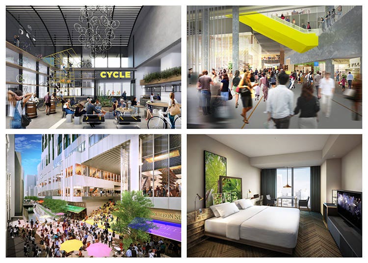 Top left: A “cycle café” that supports bicycle commuters / Top right: Flowing, vivid yellow lines mark escalators and elevators in the hotel / Bottom left: Various events will be held at the plaza just above the gurgling river / Bottom right: Floors 9 to 13 will be home to about 180 city hotel-style rooms. The reception will be on the fourth floor (images by Tokyu Corporation)