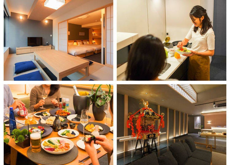 左上：能品味「和」的雅趣的各式客房。圖片為PREMIUN ROOM。右上：備有碗盤、廚具、瓦斯爐等等的迷你廚房設施。左下：可和朋友一起訂外賣享用。圖中為手卷壽司外賣。右下：日本祭典中所使用的「神轎」展示於旅館大廳（東京上野限定）。