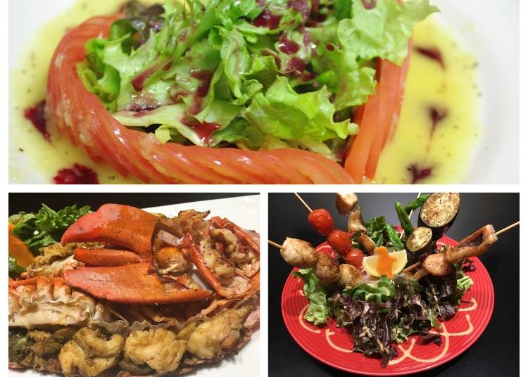 Good selection of food on the menu >> Upper: Lovely Tomato Salad 972 yen (tax included) . Lower left: A full lobster 3,218 yen (tax included) / Lower right: Kushi [set of 6 skewers 1,080 yen (tax included)