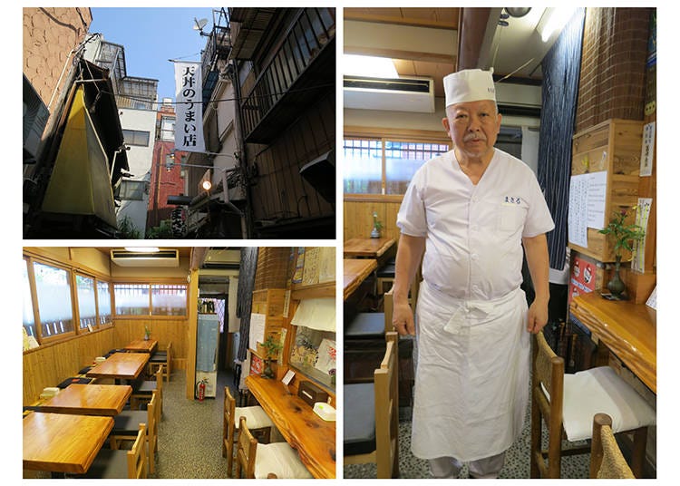 1) The white flag of the restaurant: “delicious tempura bowl.” 2) “Whenever someone eats something extremely delicious, you can tell by the look on their face,” says Mr. Takasaki, the shopkeeper. 3) The small yet cozy interior. Tissues at both table and counter seats ensure clean hands throughout your gourmet experience.
