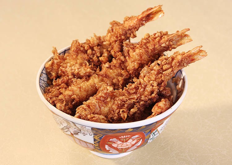 “Ebi Tendon” tempura bowl with four Japanese tiger prawns for 1,950 yen. It’s a generous serving that barely fits the bowl!