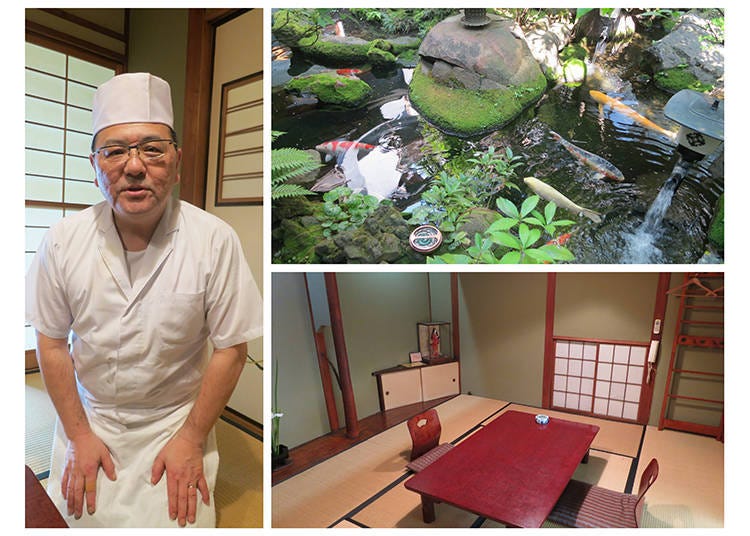 1. 제 6대 점주를 맡고 있는 ‘나카가와 요시노리’ 씨는 친근한 느낌으로 다가와 가게 안의 엄숙한 분위기를 누그러뜨린다.    2. 연못 안의 잉어는 비단잉어로 유명한 니가타 현의 야마고시 마을 것을 사용  3. 다다미방은 일본 전통 여관과 같은 분위기