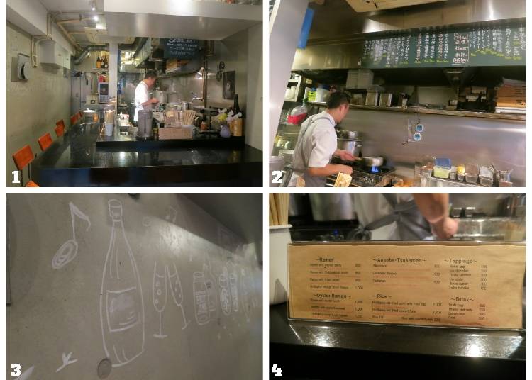 1. Inside the shop is an 8-seat counter. You can watch the ramen being prepared up close. 2. On the countertop blackboard is a menu of that day's recommended snacks to match your alcohol. 3. Illustration on the wall behind the counter drawn by the skilled staff. 4. English menus are also available for tourists.