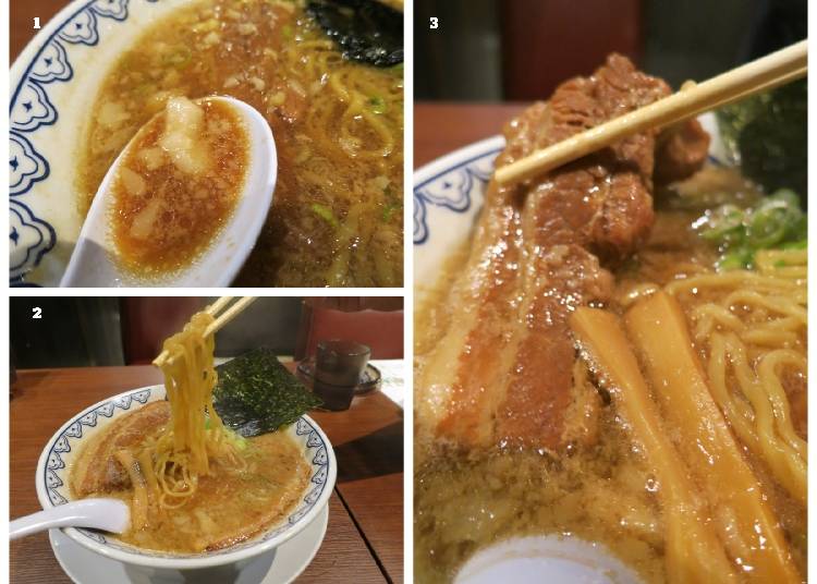 1) The pork belly bits floating on the soup. 2) The noodles are made to match the broth and are medium thin. 3) The meat is so tender, you can break it with a bit of chopstick pressure alone.