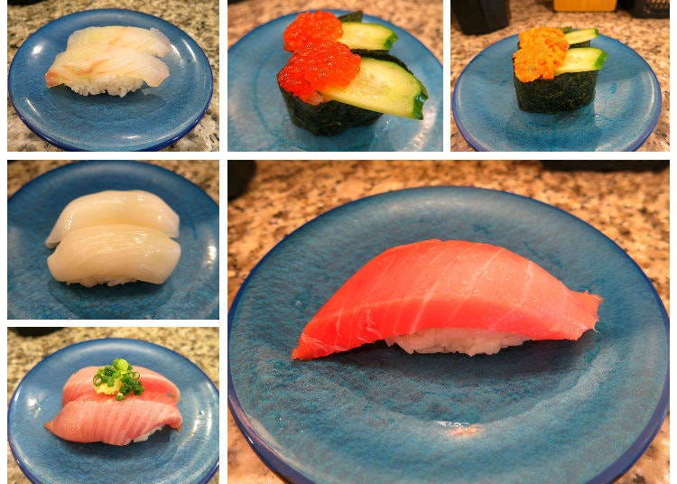 From top left: 1) sea bass, 2) salmon roe (ikura), 3) sea urchin, 4) squid, 5) medium-fatty tuna, 6) bonito. Every plate is 160 yen!