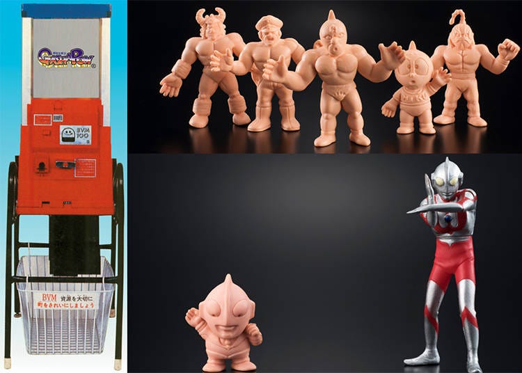 1) A Gashapon machine from the 80s 2) The “Muscle Man” erasers that created a massive boom 3) The figurine on the left is the SD Ultraman from the 80s, while on the right is the first version of the massively popular HG series from the 90s