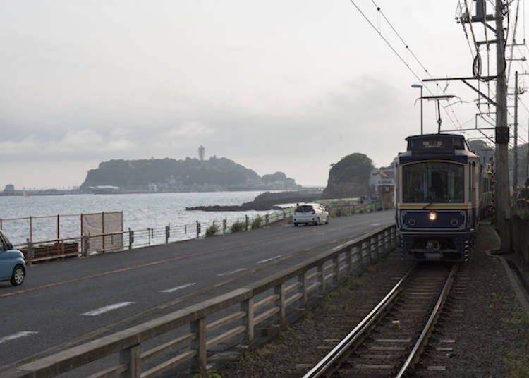 On this section of our route we can see Enoshima Island behind the railway tracks