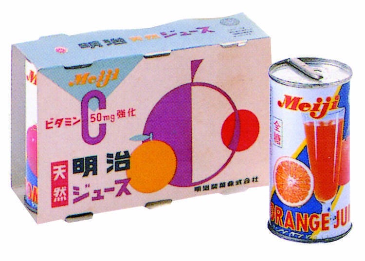 ▲일본 첫 캔 오렌지 주스：1954년 4월 28일에 구 메이지제과는 「메이지 천연 오렌지 주스」라는 캔 주스를 도쿄 지구에서 발매. 200ml에 당시 가격은 40엔, 천연과즙 45％을 함유한 상품이었다. 이후 1957년부터 전국에서 판매를 개시했다.