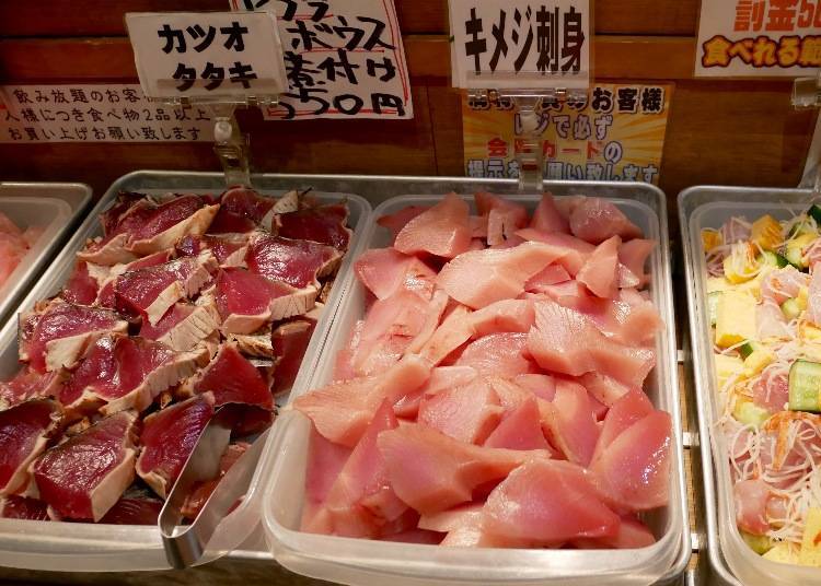 From the right: yellowfin tuna sashimi, katsuo tataki (lightly grilled bonito)