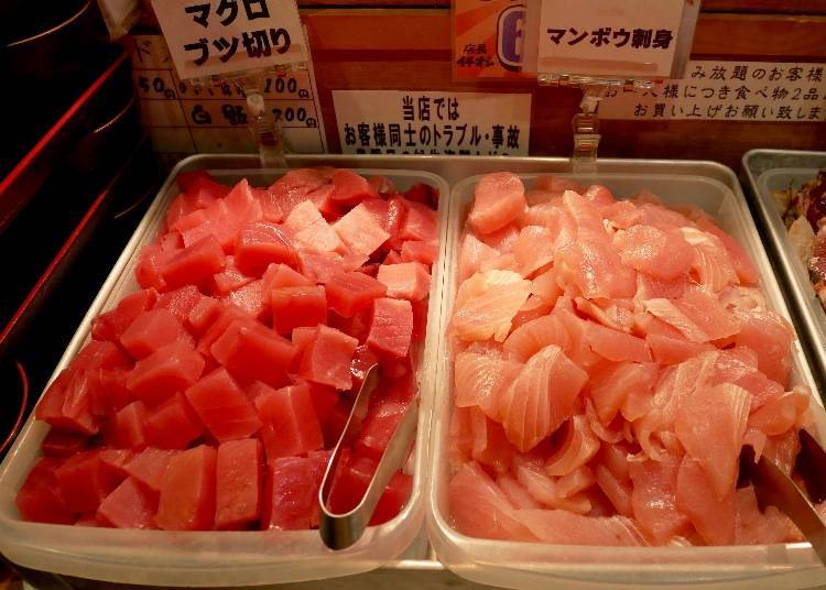 From the right: ocean sunfish sashimi, chopped tuna