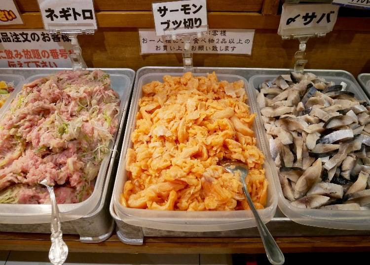 From the right: mackerel, chopped salmon