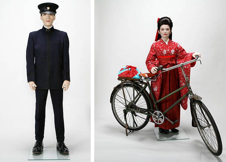 On the left is a male student uniform as it was introduced in 1879. The female student on the right is wearing a women’s hakama and kimono. The reason for the skirt-like hakama was to give female students mobility for gym class, as the classic kimono was too restricting.