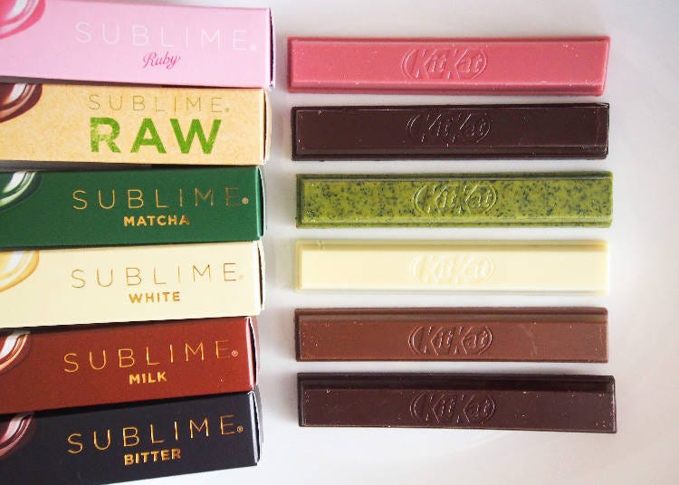 由上到下為紅寶石、RAW、抹茶、白巧克力、牛奶巧克力、苦甜巧克力口味