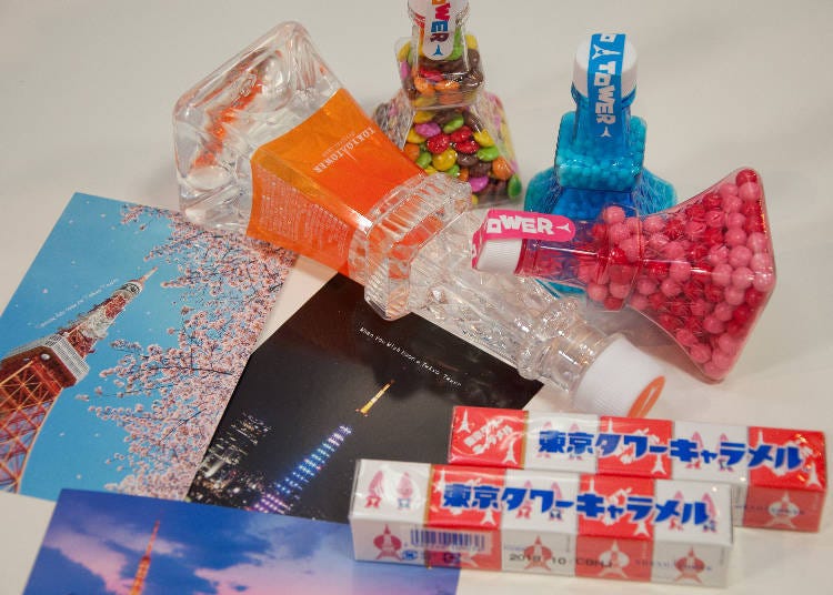 Ranked by popularity: No. 1: Mineral Water bottle 390 yen (tax included); No. 2: caramels (5 in a pack) 250 yen (tax included); No. 3: Tower Bottle (candy) 510 yen (tax included). There is also an assortment of postcards that cost 120 yen each (tax included).