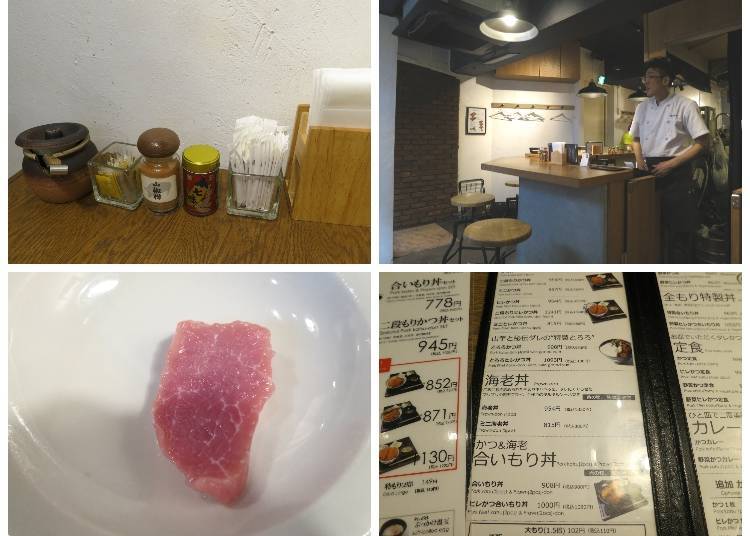 1) Japanese mustard, Japanese pepper, and a blend of spices called shichimi can be found on every table. 2) The restaurant offers mainly counter seats but also tables at the back. Eiji Sato, the manager, stands behind the counter. 3) A pork variety called “mochibuta” is used for the “roast” cutlets. 4) The menu is available in English to make ordering easy.
