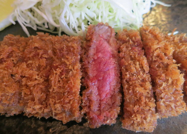 The breaded beef cutlet of Miyashita. The dish is made from a chuck eye cut.