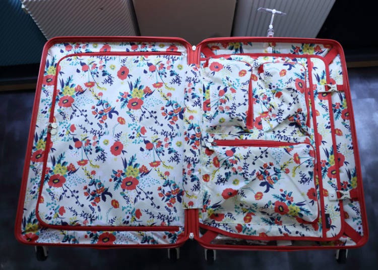 The open suitcase. There are plenty of pockets for small items. Everything private that you don’t want others to see when you open your suitcase should go on the left side.