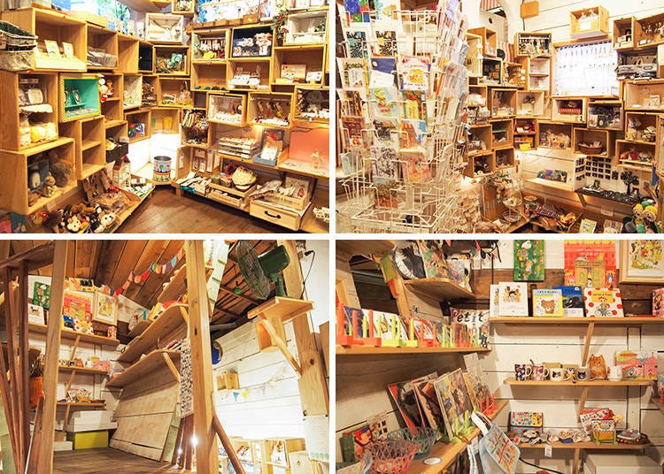 The first thing that catches your eye when you enter the shop is the numerous large and small boxes. The lower row of pictures is of the special corner created on the mezzanine floor for the Japanese illustrator marini * monteany.