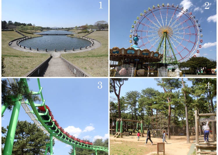 1) The West Lake near the West Entrance 2) the large Ferris wheel inside the Pleasure Garden 3) the roller coaster of the park 4) the athletic plaza