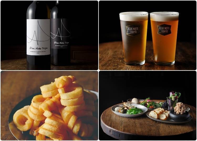 Clockwise from top left: Blue Note Tokyo's signature wine, craft beer, sample entrees and “Swingin' Potato” French Fries