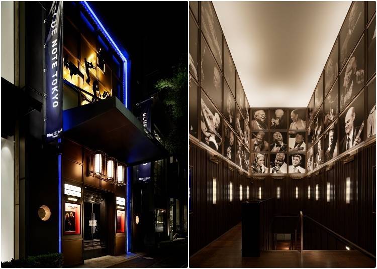Blue Note Tokyo's exterior and inside entrance transport you into the land of jazz