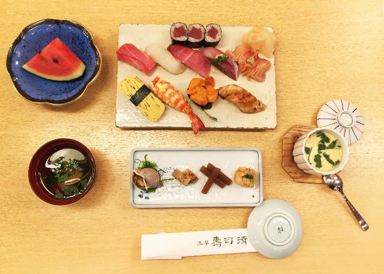 The “omakase” course features appetizers, sushi, special chawanmushi (steamed egg custard), clear soup, and a dessert.