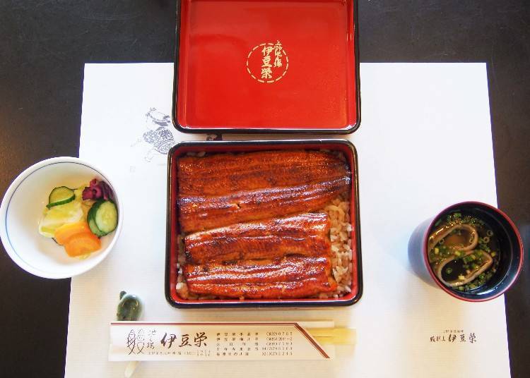 Unaju Bamboo (“special”) (box of grilled eel) for 4,320 yen. Comes with soup and pickles.