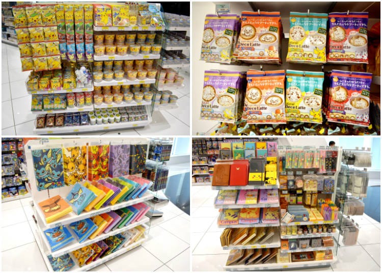 Upper left: Pokémon corn flavored snacks (160 yen), Pokémon ramune (160 yen), Pokémon instant curry (130 yen), Pikachu instant noodles (130 yen), and more Upper right: Latte art sheets (500 yen) Lower left: Various Pokémon folders (240 yen) Lower right: Miscellaneous school supplies and stationery (prices vary)