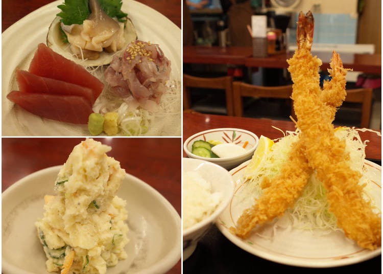 Upper left: A sashimi combination that is changed daily. For an additional 270 yen it is served with rice, miso soup, and nukazuke (pickles made by fermenting vegetables in rice bran) Lower left: Popular potato salad Right: Ebifurai (fried prawn) set