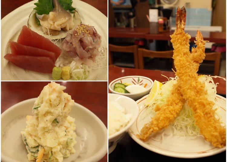 左上：日替わりで変わるお刺身の盛り合わせ（単品）。プラス270円でご飯、みそ汁、ぬか漬けがついた定食セットにできる　　 左下：人気のポテトサラダ（単品）　右：エビフライ定食