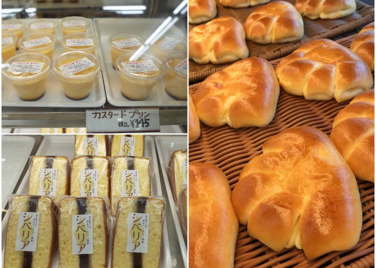 左上：お店自慢のカスタードプリン　左下：カステラに餡を挟んだシベリア　　右：焼きたてがおすすめのクリームパン