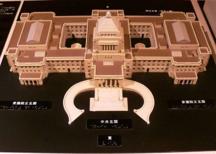 The model of the building. Braille offers explanations for visitors with a visual impairment.