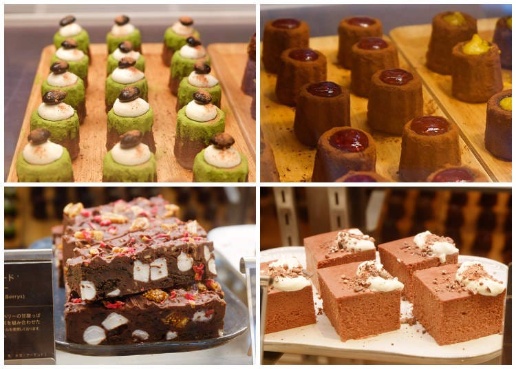 上|巧克力可麗露 (chocolate Canelé Fondant) 180~250日圓 左下|巧克力棉花糖 (Rocky Road) 300日圓 右下|巧克力起士蛋糕 (chocolate cheese cake) 400日圓
