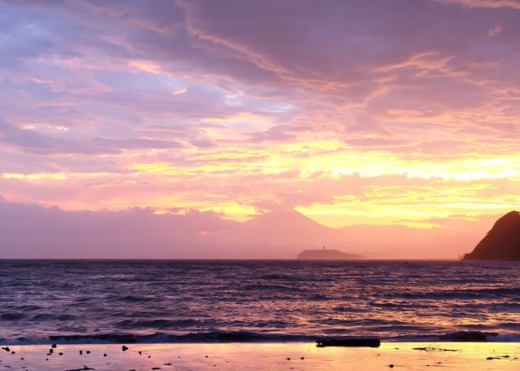 Zushi Beach at sunset, with Mt. Fuji in the distance